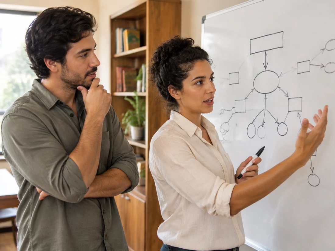 Quem conduz aponta para o esquema de um argumento no quadro branco enquanto um inscrito acompanha