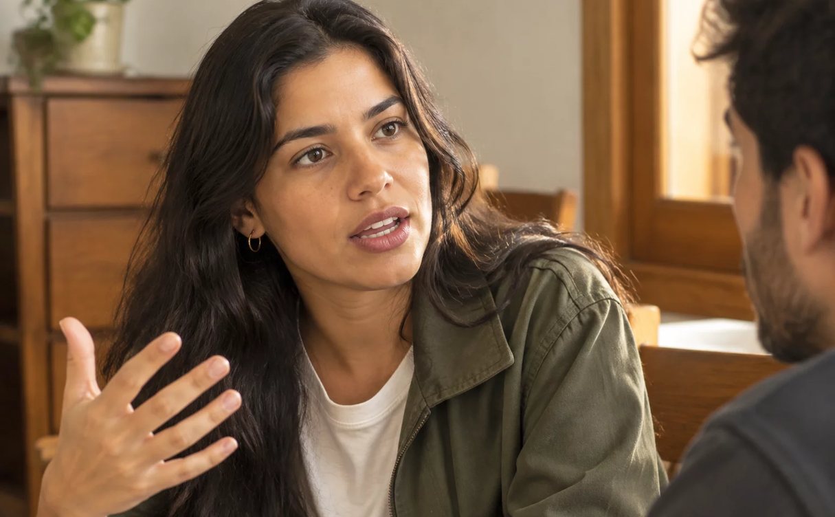 Mesa comprida numa sala de janelas altas, com três pessoas no meio de uma rodada de debate